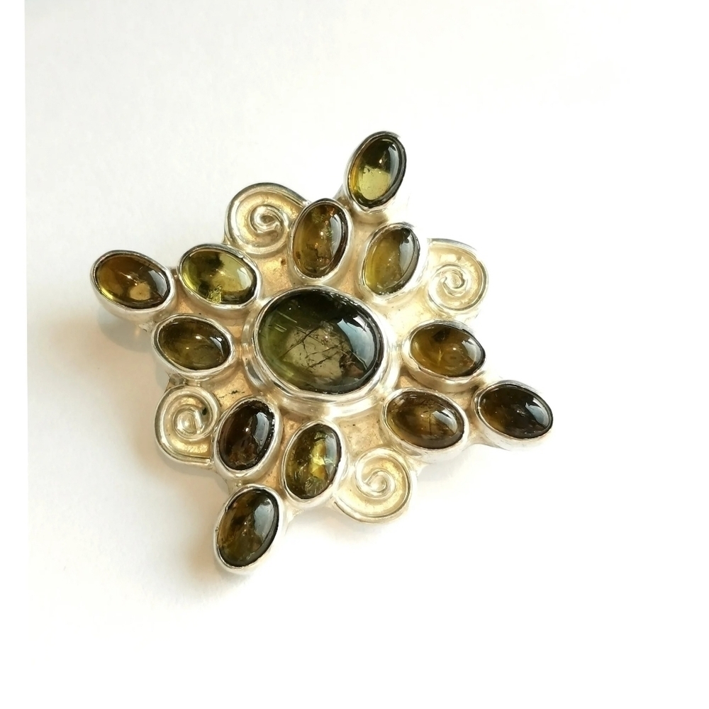 HANDMADE brooch sterling silver cabochon tourmaline